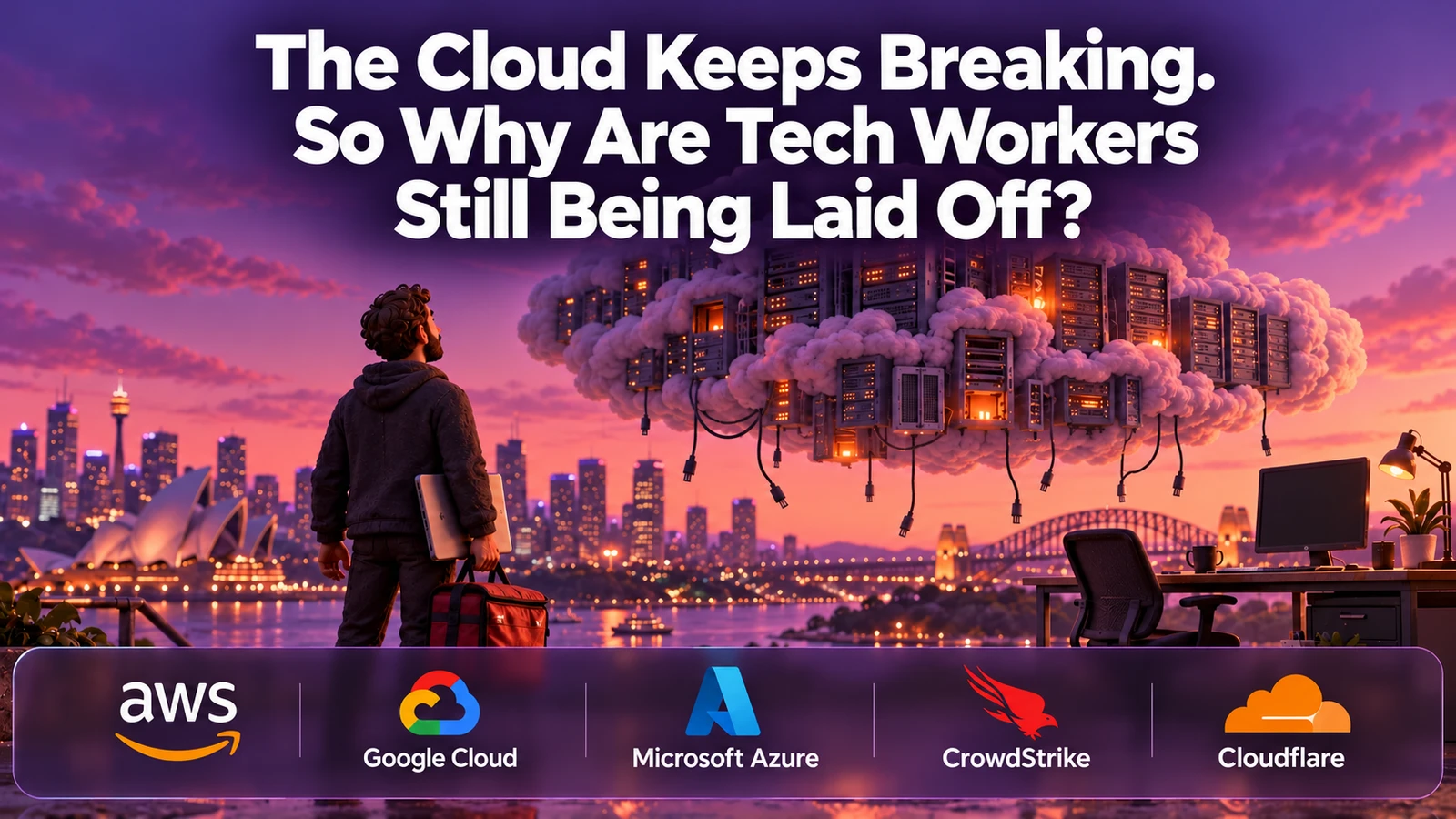 The article headline above a worker with a delivery bag and laptop looks toward a cloud of server racks over Sydney, beside an empty office desk, with AWS, Google Cloud, Microsoft Azure, CrowdStrike and Cloudflare logos along the bottom.