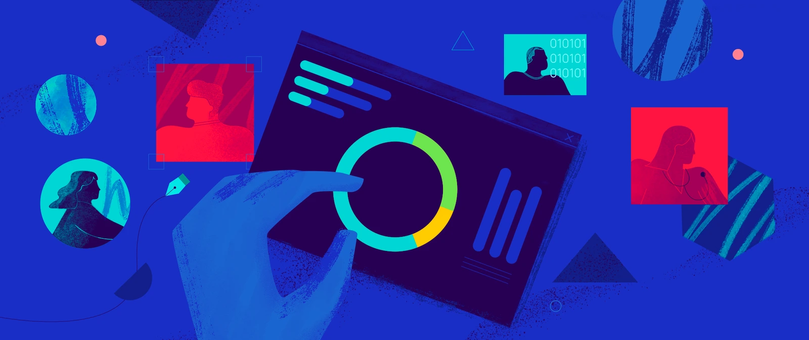 Illustration of a hand operating a dashboard surrounded by worker profiles.