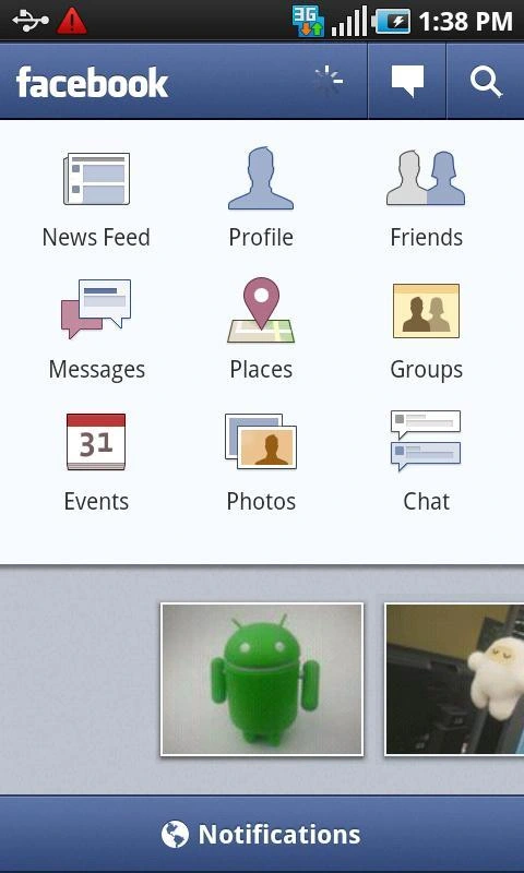 An older Facebook Android home screen with Messages and Chat inside the main app.