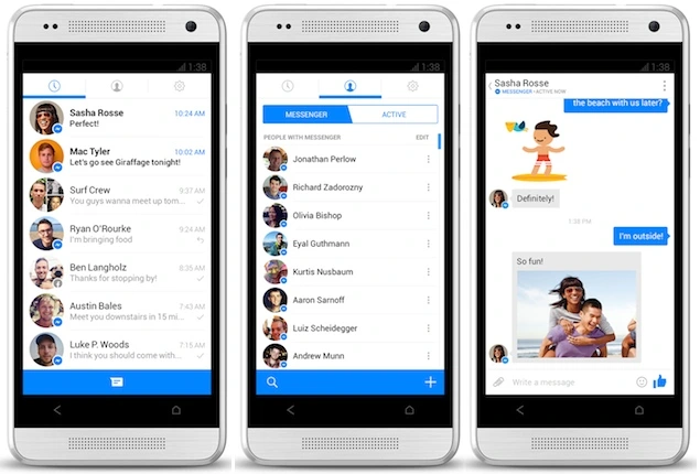 Three Android Messenger screens showing recent conversations, active contacts and a chat.