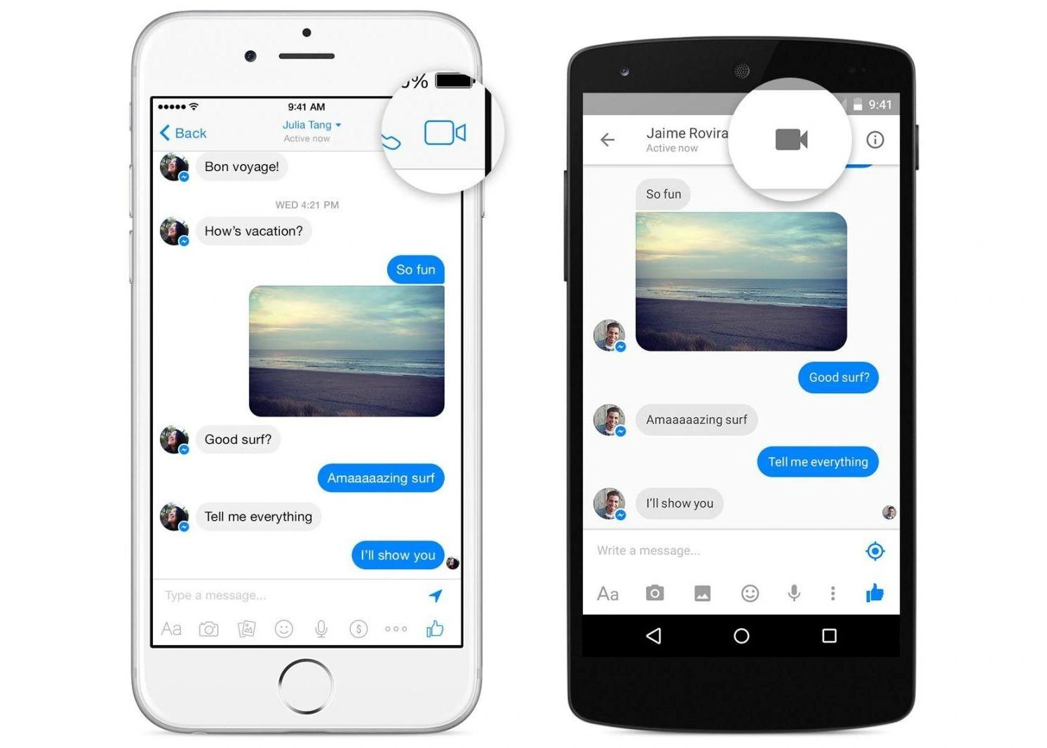 Messenger on iOS and Android in 2015, with video-call buttons highlighted above the conversations.