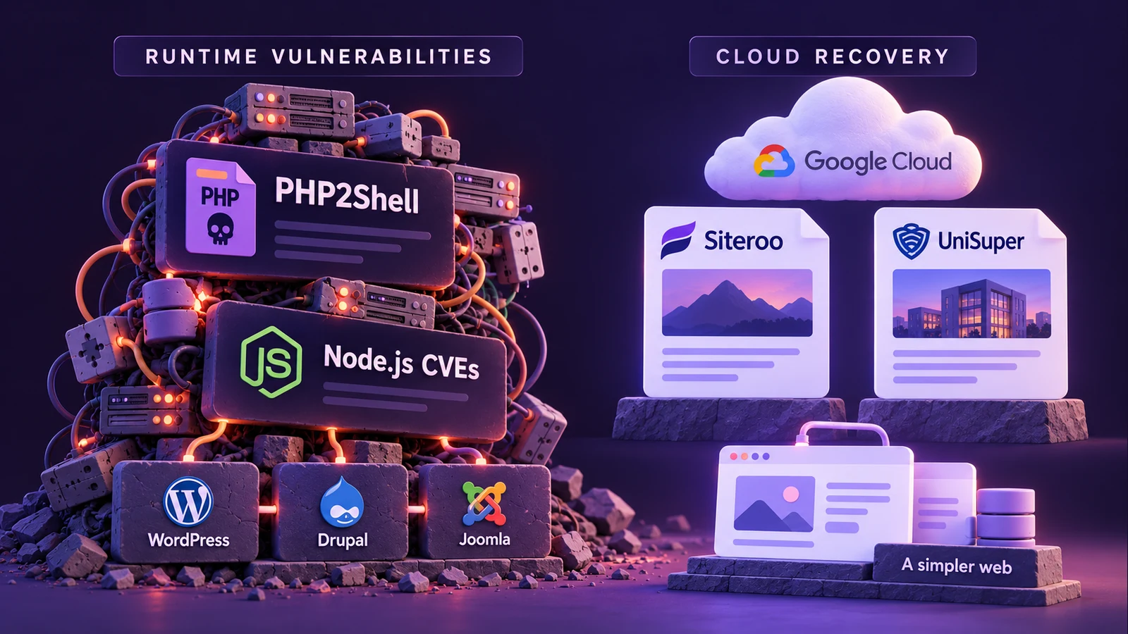 Purple editorial illustration separating PHP2Shell and Node.js runtime vulnerabilities, with WordPress, Drupal and Joomla tiles, from Google Cloud recovery case studies labelled Siteroo and UniSuper.