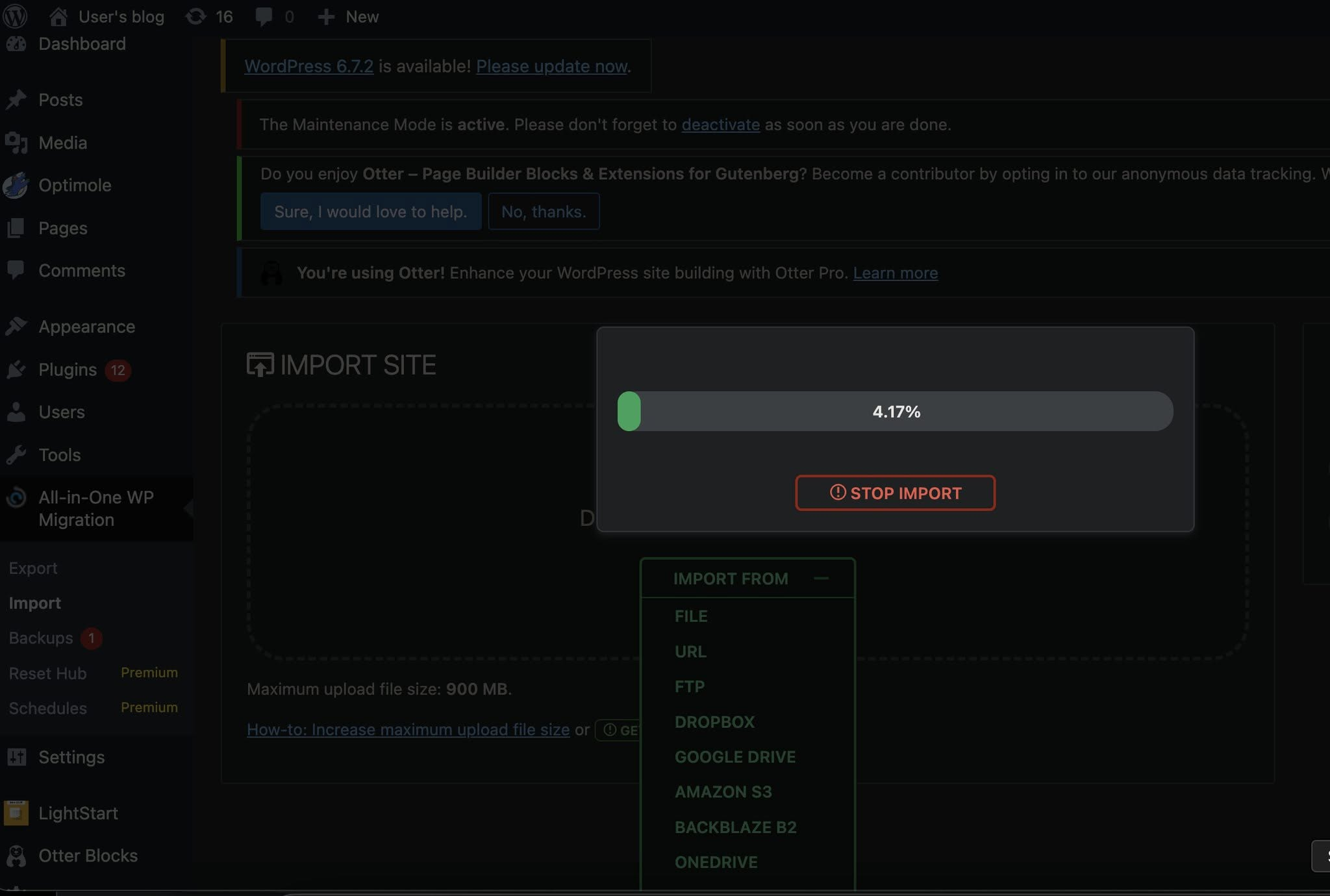 WordPress restoration showing an All-in-One WP Migration import at 4.17 percent and a maximum upload size of 900 MB.