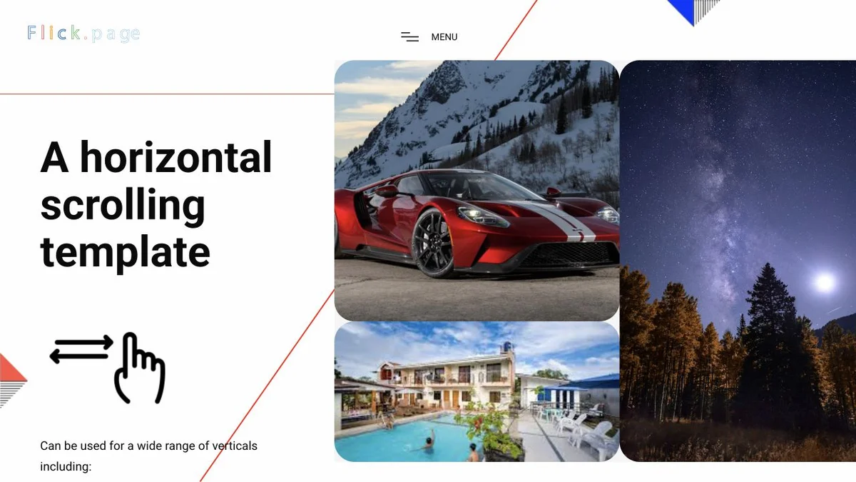 Flick.page's horizontal-scrolling gallery with a red sports car, architecture and a starry landscape